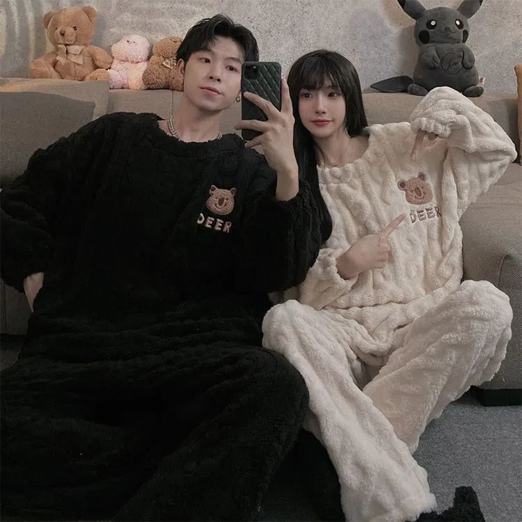 Bộ Đồ Ngủ Lông Cừu San Hô Dáng Rộng Thời Trang Thu Đông Cho Các Cặp Đôi