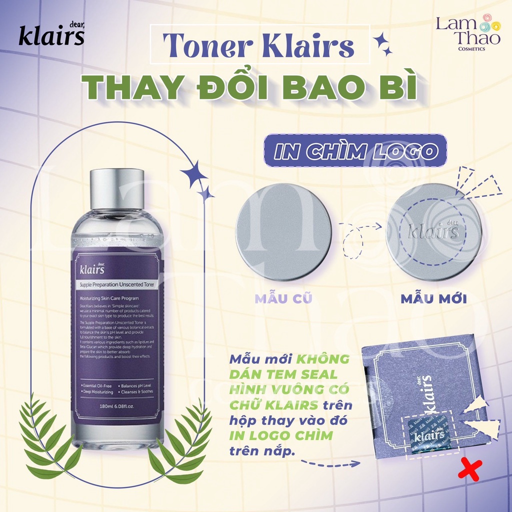 Nước Hoa Hồng Klairs Không Mùi, Dưỡng Ẩm Supple Preparation Unscented Toner - Toner Klairs - Chính hãng hàng Cty