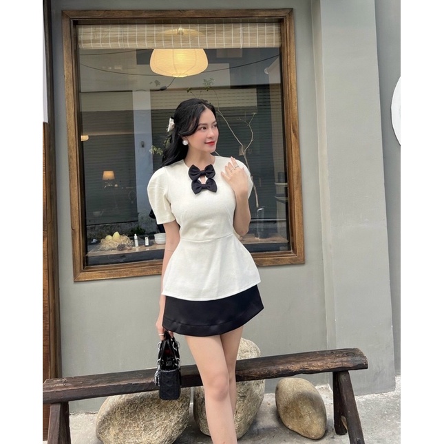 Áo thiết kế cao cấp ĐÍNH NƠ cổ dáng peplum kín đáo đi làm, đi chơi, đi tiệc Sun Fashion