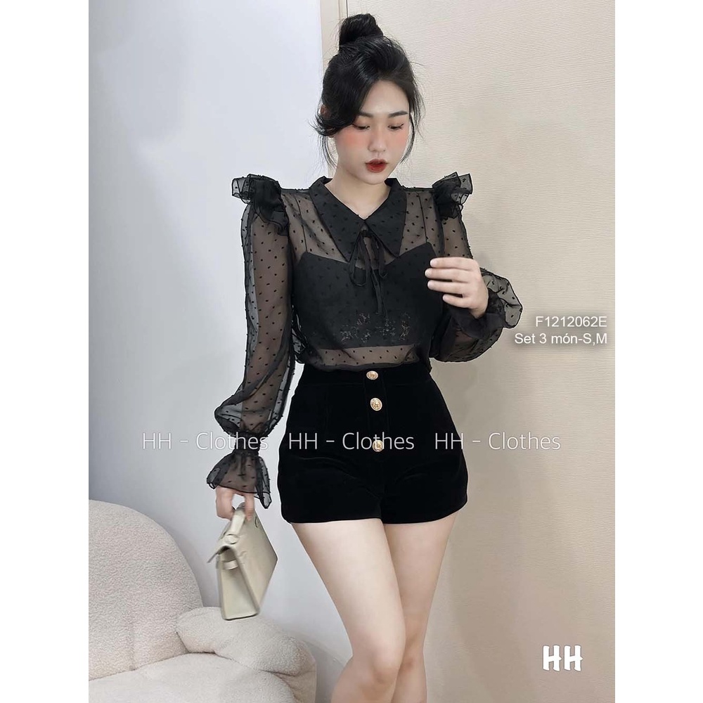 Set 3 món áo sơ mi chấm bi vai đắp bèo tay dài bo áo ren 2 dây kèm quần short nhung đen
