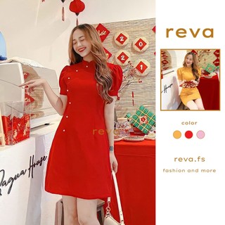 Đầm váy nữ ngắn cổ tàu đóng cườm diện TẾT có 3 màu chất vải cotton lạnh phù hợp đi chơi, dạo phố, diện tết - Reva