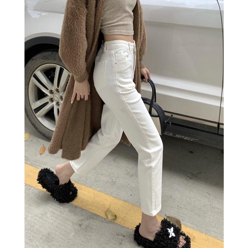 Quần jean lưng cao ống đứng màu kem lưng cao