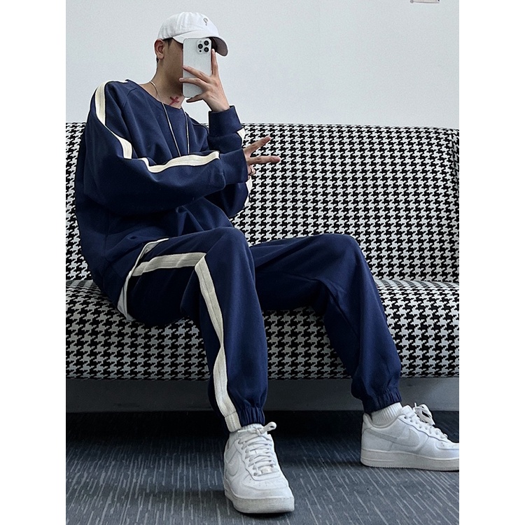 Bộ Thể Thao Cổ Tròn Nam Phối Sọc Kẻ Trơn, Nỉ Ngoại 100% Dày Dặn Fom Rộng Sành Điệu Hot Trend Mùa Đông 2023