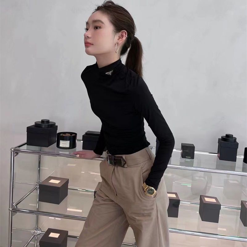 Áo thun Prada ôm dáng cổ lọ tay dài đơn giản co giãn tốt thời trang 2022 dành cho nữ L3IT