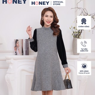 Đầm thiết kế chất dạ tay dài phối nhung mềm - thời trang bà bầu cao cấp honey
