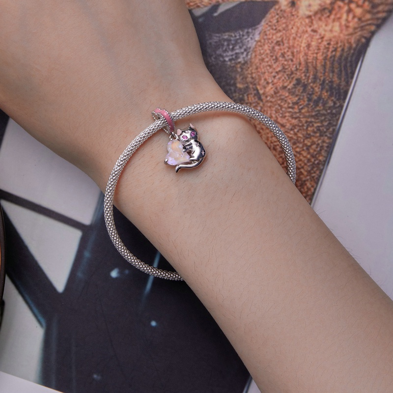 Bamoer Vòng cổ Bạc 925 Mặt Hình Mèo Hồng Thời Trang