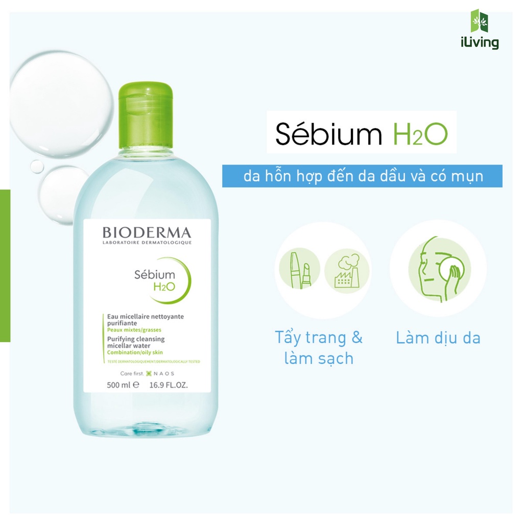 Nước tẩy trang danh cho da hỗn hợp, da dầu công nghệ Micellar Bioderma Sebium H2O 500ml, 250ml và 100ml ILIVING-BIONTTX