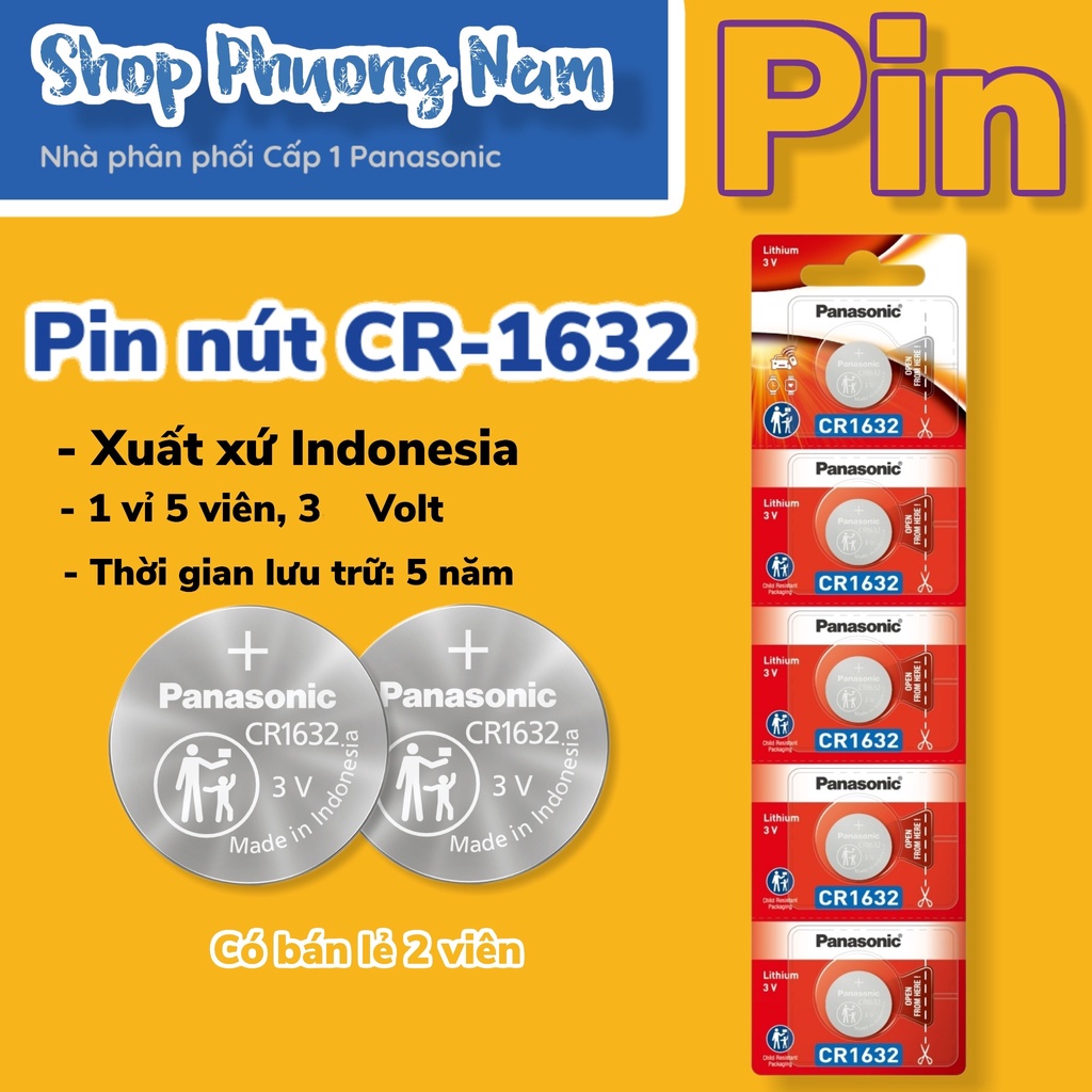 1 vỉ 5 viên pin nút Panasonic CR1632, 3V, cho khóa smart key, điều khiển (CR-1632/5BE)