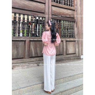 Bộ Lam Gấm Tay Phồng Quần Lụa
