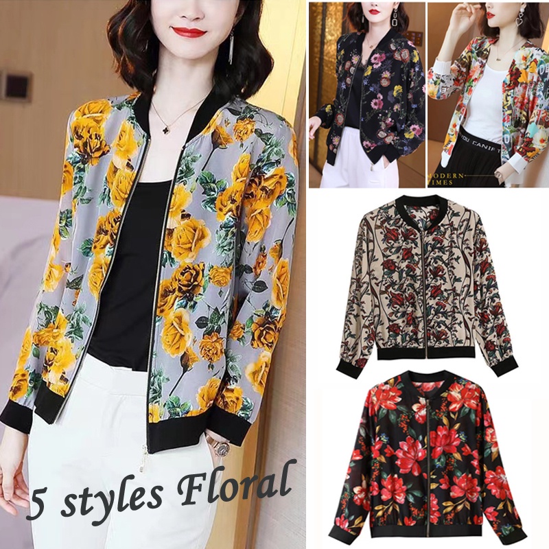 Áo Khoác Bomber Mỏng Chống Nắng Có Khóa Kéo In Họa Tiết Hoa Phong Cách Cổ Điển Size M-5XL Thời Trang Cho Nữ