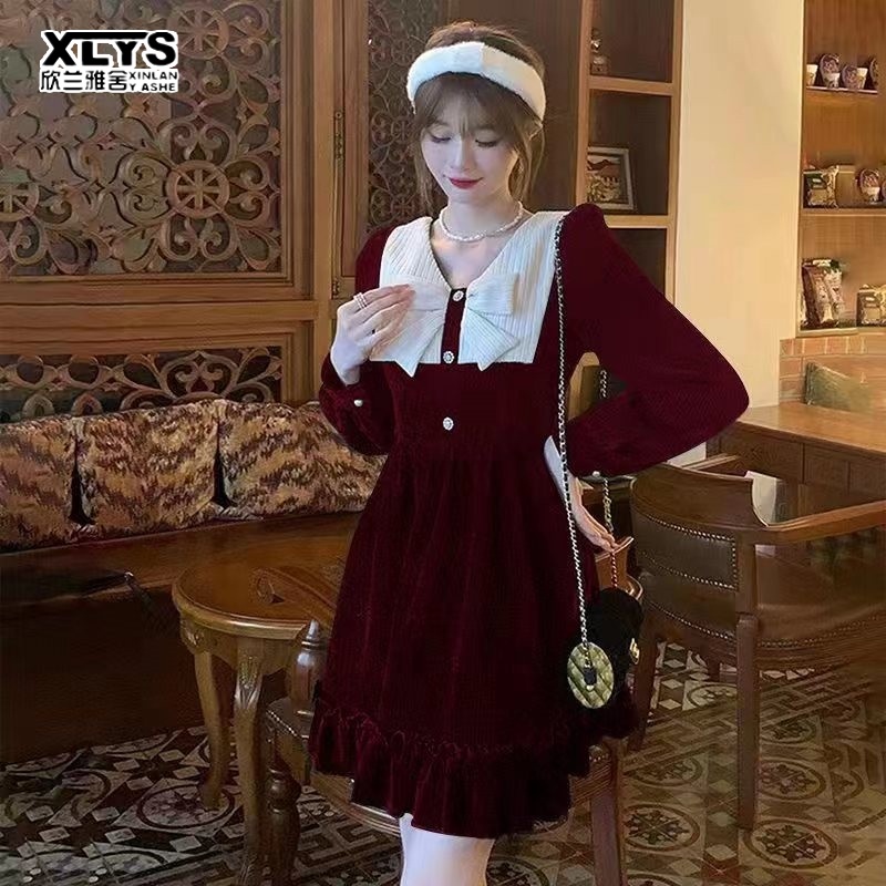 Đầm XINLANYASHE tay dài phối nơ thời trang năm mới cho nữ