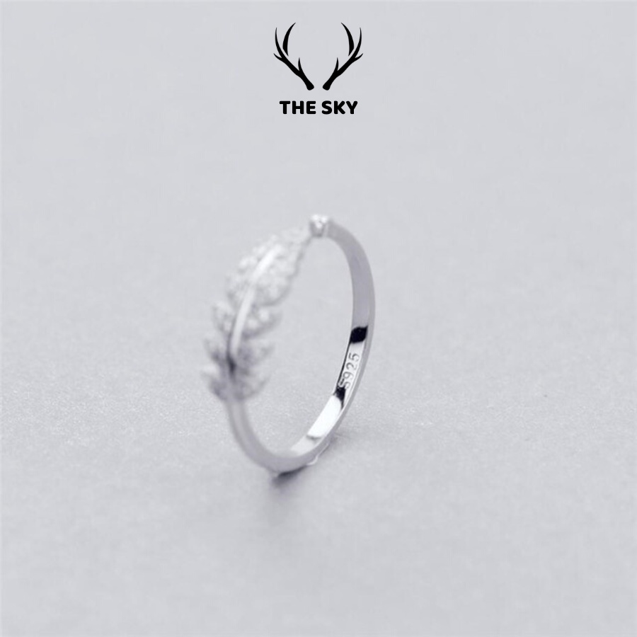 Nhẫn Bạc Nữ THE SKY Hình Cành Lá Hở Đính Đá Xinh Xắn