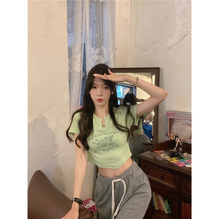 Áo thun ZHELIHANGFEI ngắn tay dáng ôm in họa tiết kiểu Mỹ dễ phối đồ