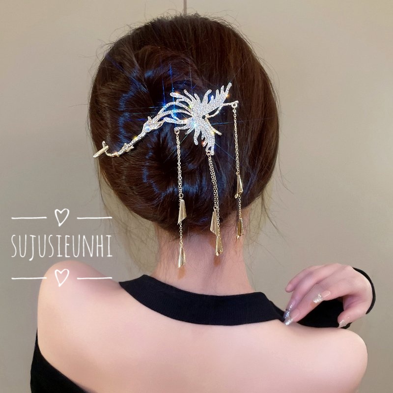 kẹp tóc hình bướm dạng xoắn đính đá nhân tạo cặp sau đầu có đính tua rua cho nữ