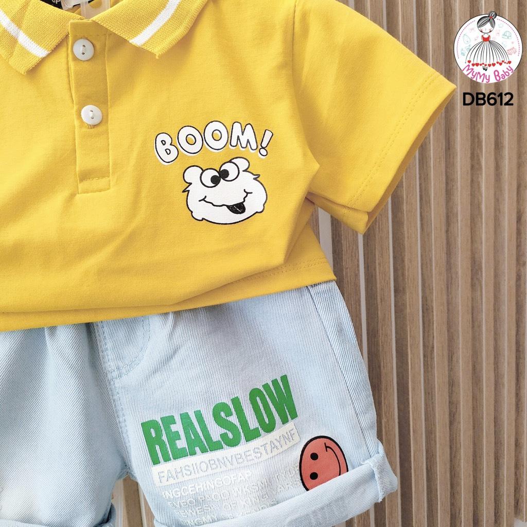 Đồ bộ BOOM cổ polo kèm quần jean chữ mặt cười có 2 màu trắng và vàng