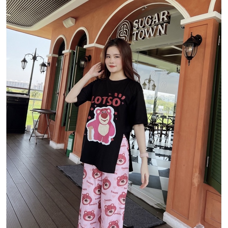 Set áo đen gấu dâu xẻ tà quần gân hồng xinh xắn- Set quần suông xinh yêu- Shop Mẹ Dâu