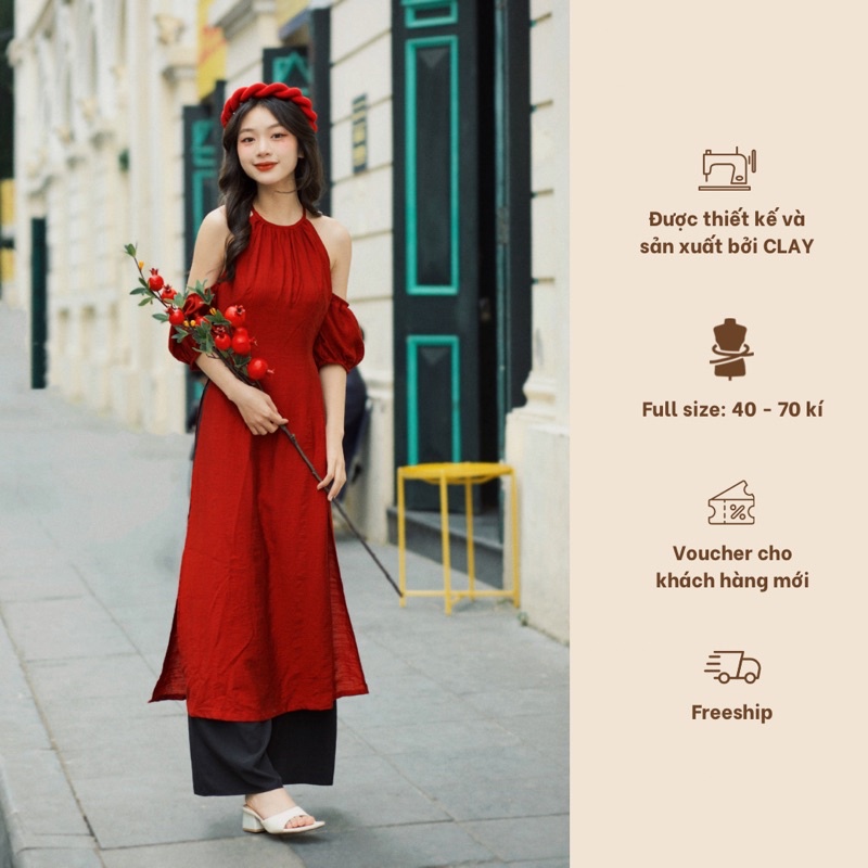 Áo dài Cát Tường cách tân cổ yếm khoét vai tay bồng