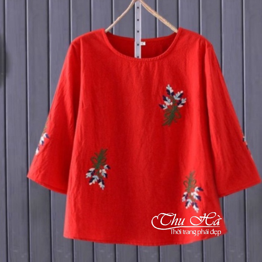 Áo trung niên nữ cổ tròn tay lỡ thêu hoa Thu Hà form rộng bigsize chất liệu đũi tơ mềm nhẹ mát AKH.54