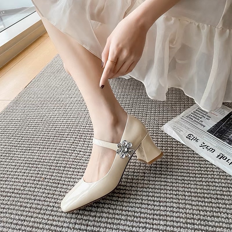 Giày búp bê Miu hoa đá gót vuông tiểu thư