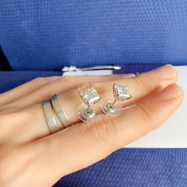 Bông Tai Mạ Bạc 925 Đính Kim Cương Pha Lê Hình Vuông Thời Trang Cho Nữ