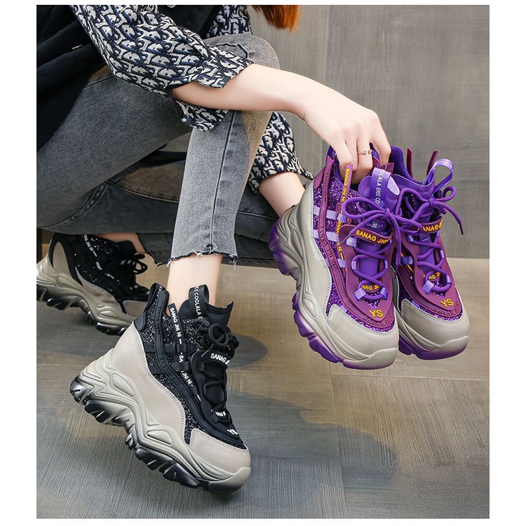 Giày Thể Thao Cao Gót Mũi Tròn Đế Dày Buộc Dây Phong Cách Châu Âu Giản Dị