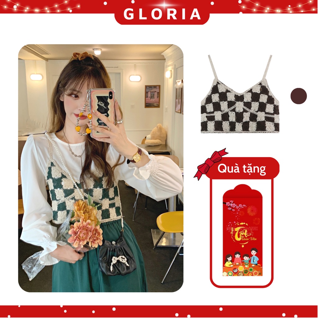 Áo croptop nữ, áo hai dây GLORI chất len thêu dày dặn kết hợp bra xinh xắn thời trang đi biển GL02