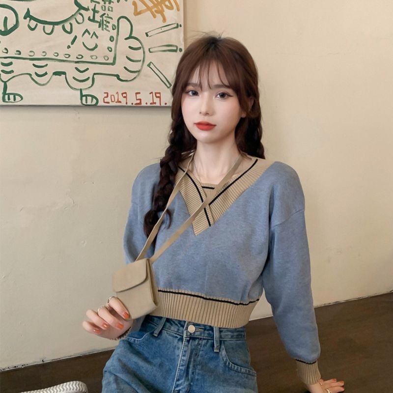 Áo len nữ cổ chữ V màu đen，Áo Crop Top Dệt Kim Dài Tay Thời Trang Phong Cách Hàn Quốc