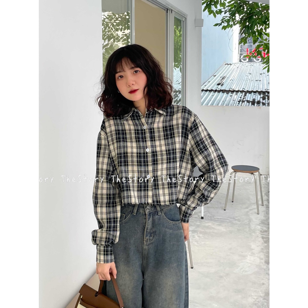 Áo sơ mi caro tay dài dáng croptop  A2843
