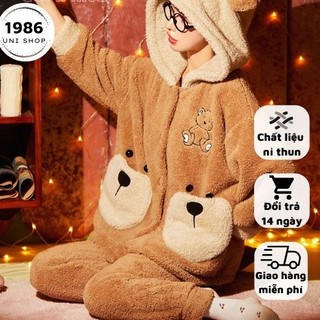 Bộ lông gấu nữ 1986 unishop, bộ đồ ngủ lông, bộ lông mặc nhà, bộ ngủ mùa đông lót nỉ, đồ ngủ nữ chất lông dày dặn b1an