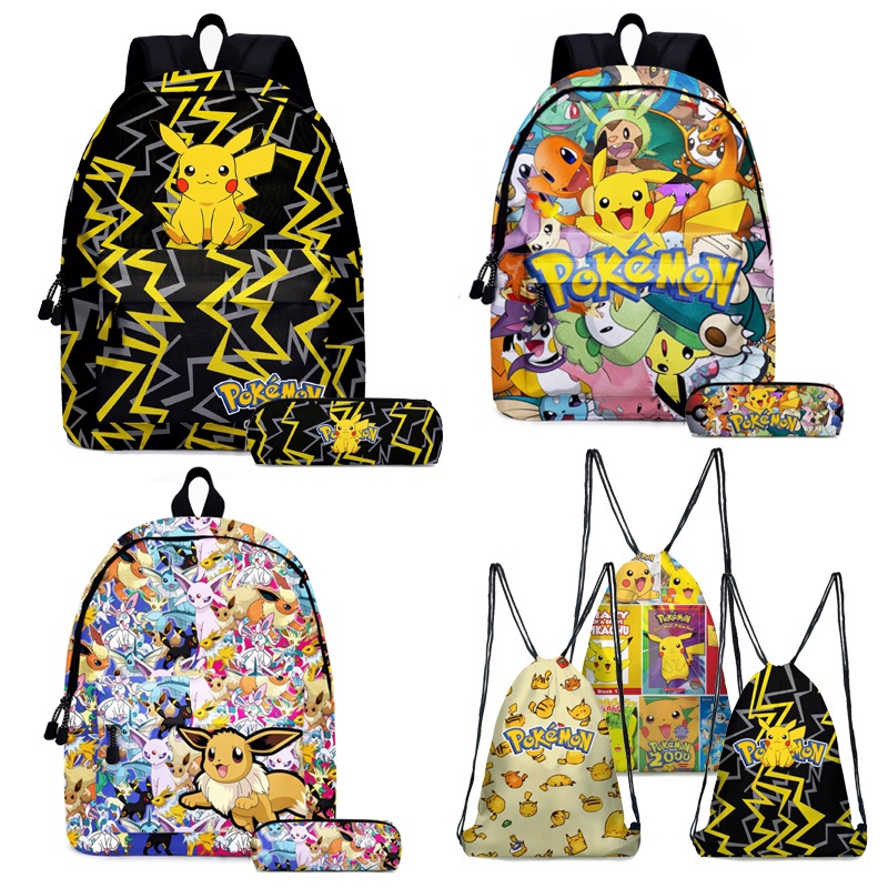 Bộ Ba Lô Túi Rút Và Túi Đựng Bút In Hình Pikachu Pokemon Cho Học Sinh