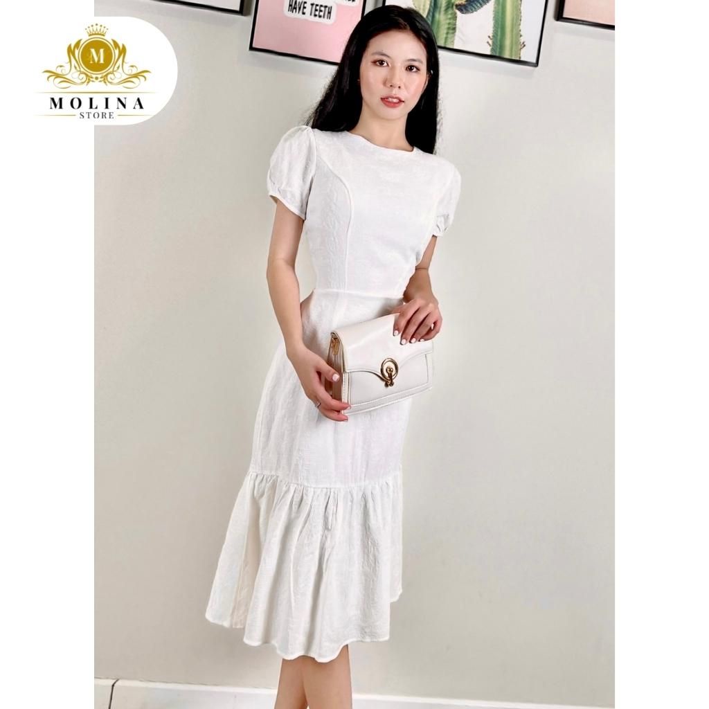 Đầm Thiết Kế Dáng Đuôi Cá Nữ Molina Cổ Tròn Tay Bồng Họa Tiết Hoa Dập, Chất Liệu Kate Cao Cấp