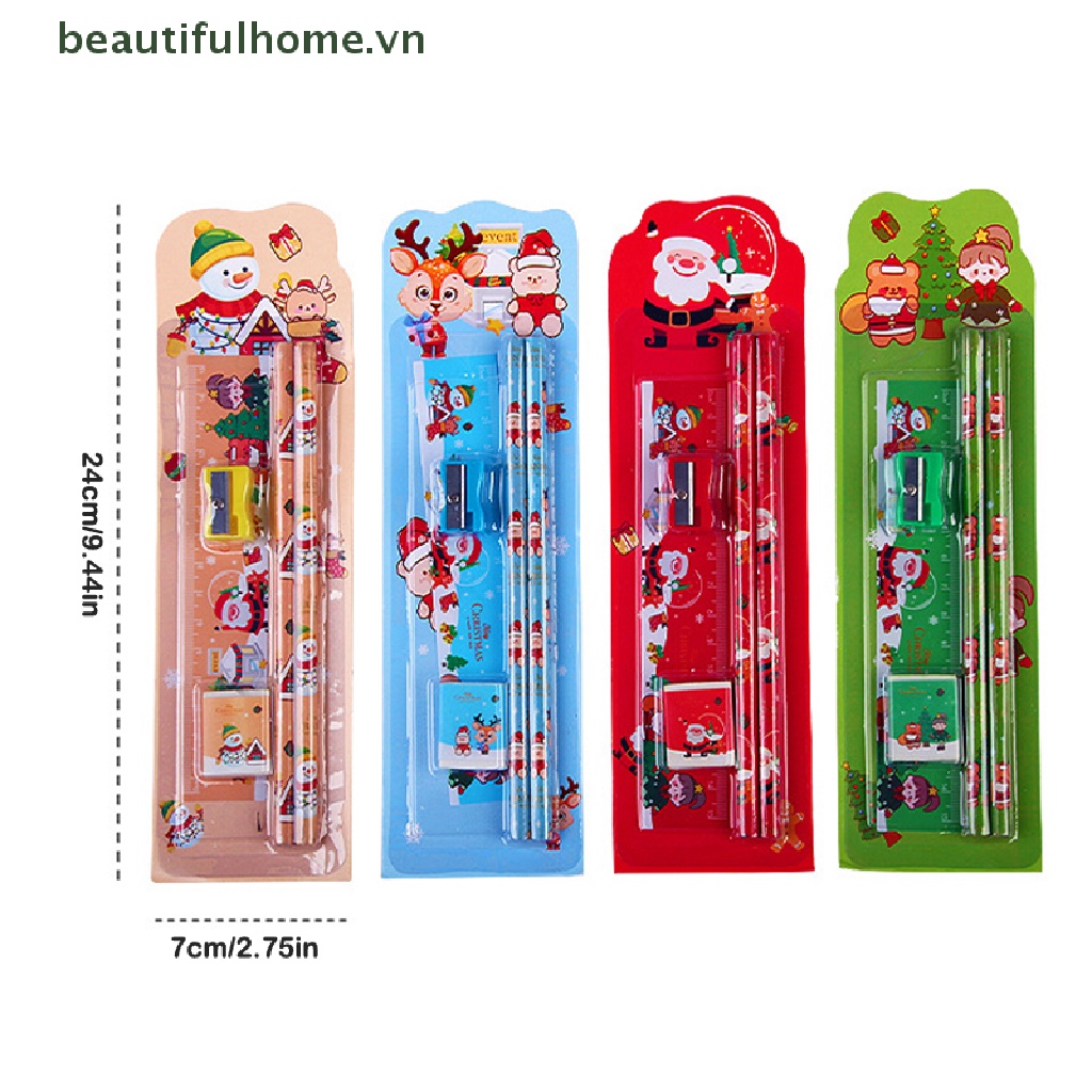 [beautifulhome] 5Pcs/Set Cute Cartoon Stationery Set Christmas Stationery Set Pencil Sharpener Eraser Ruler Set Gift Student Stationery Children's Day Gifts [beauty]