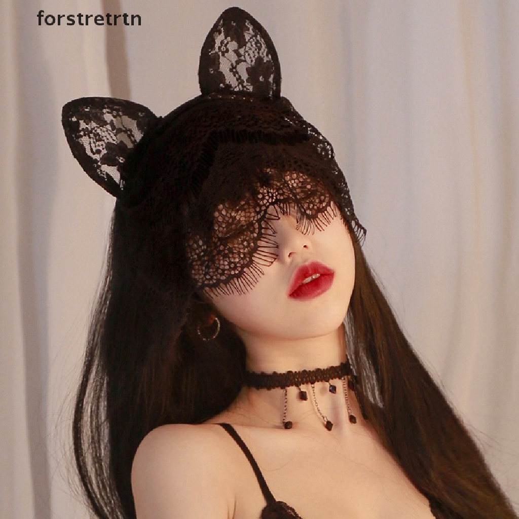 forstretrtn Sexy Lace Cat Ears Veil Headbands Black Hairbands Eye Mask Anime Cat Girl Cosplay Hair Accessories for Women Girls Christmas EN