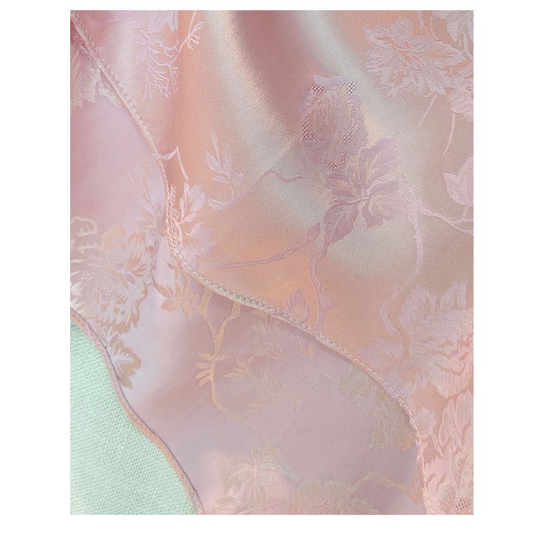 Women Pink Chinese Style Buttoned Round Neck Imitation Silk Shirt