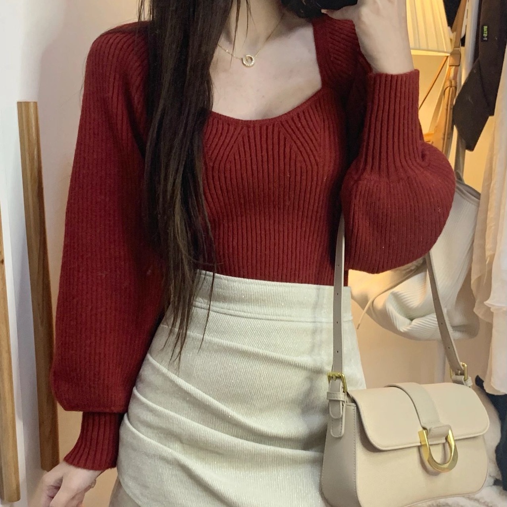 Áo dệt kim SUXI tay dài cổ vuông màu sắc thanh lịch thời trang thu đông cho nữ