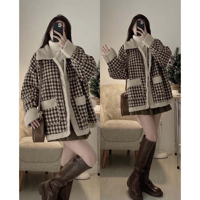 Áo khoác dạ hoạ tiết caro lót lông cừu kẻ nâu phong cách Hàn Quốc hàng quảng châu