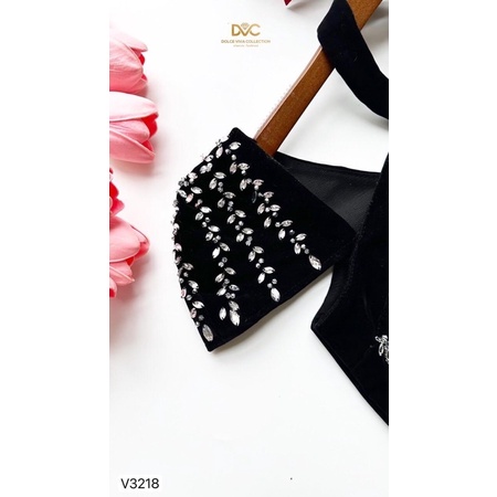 V3218 - váy nhung đen dáng chữ A đính đá