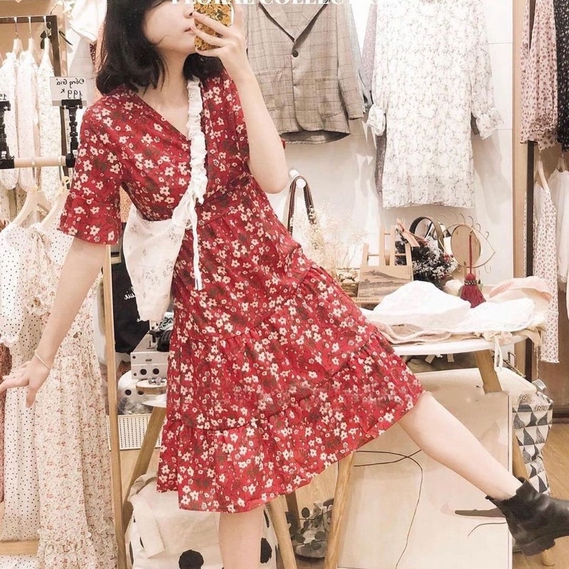 SOMI Đỏ - Váy Hoa Nhí Tay Xoè - Váy Lụa Hàn Quốc Mềm Mạ Và Mát ( Hàng có sẵn)