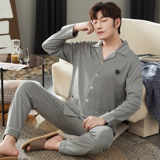 1610 - bộ pijama dài tay nam cao cấp trơn màu, màu ghi sáng hot trend, vải cotton 100% mềm, thoáng, size l-3xl