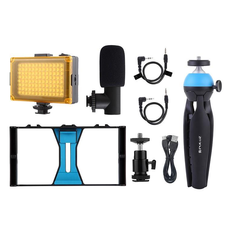 Puluz bộ giá đỡ điện thoại di động livestream full, khung, chân máy micrô và kèm đèn flash