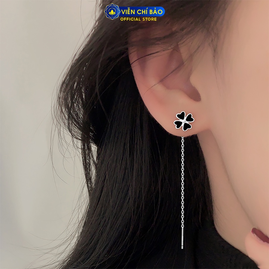 Bông tai bạc nữ cỏ 4 lá đen dáng dài chất liệu bạc 925 thời trang phụ kiện trang sức Viễn Chí Bảo B000475