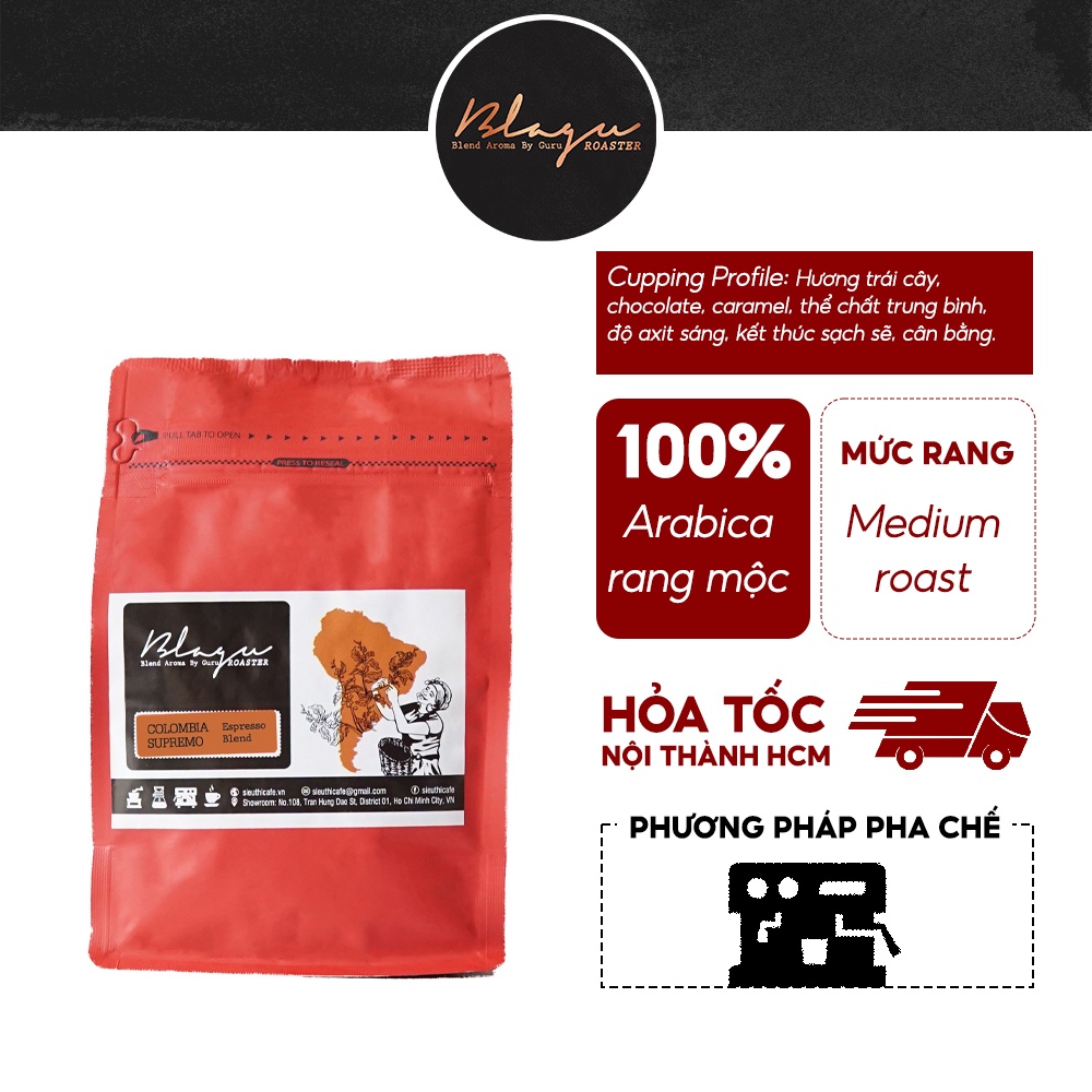 Cà phê Blagu Hạt Đã Rang, Colombia Supremo | Dòng Cà Phê Cao Cấp | 100% Arabica - Typica |  Medium