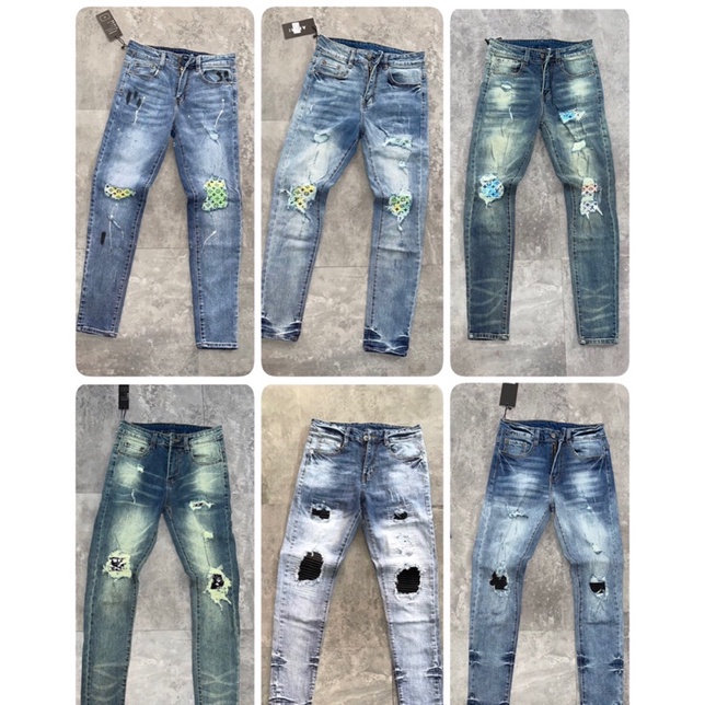 Quần Jeans Nam Amiri Xanh Vá LV Siêu Đẹp - Quần Jean Amiri Nam Loang Vá LV Cực Chất *