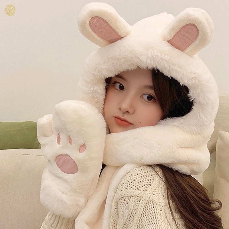 Mũ Lông Tai Thỏ Kèm Khăn Choàng Cổ Và Găng Tay Dày Dặn Giữ Ấm Mùa Đông Phong Cách Hàn Quốc Mới Dành Cho Bạn Nữ YKD