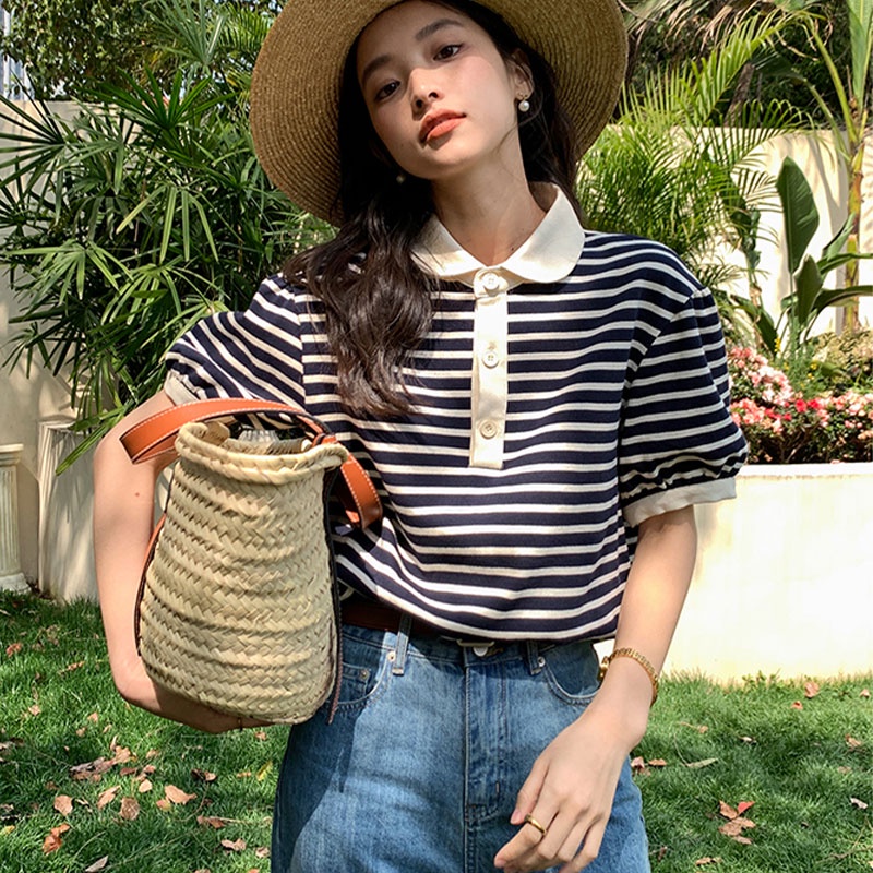 Áo polo Ngắn Tay Dáng Rộng Họa Tiết Kẻ Sọc Thời Trang Hàn Quốc Cho Nữ