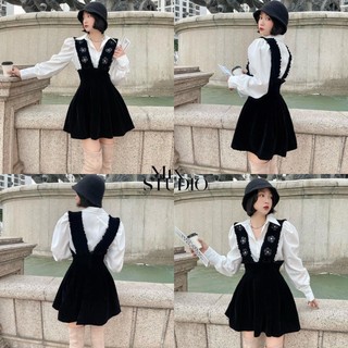 Set áo sơ mi cổ đức phối chân váy nhung đính hoa , váy yếm nhung phối bèo đính hoa kèm áo sơ mi cao cấp