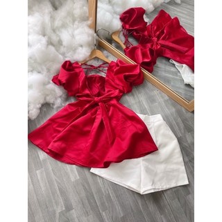 SET BBD ĐỎ CUTOUT LƯNG SHORT TRẮNG❤️