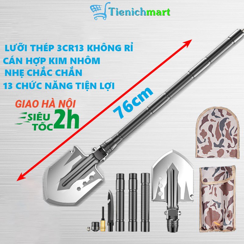 Xẻng cuốc đa năng đi phượt, dã ngoại, làm vườn, gấp gọn gàng, 13 chức năng tiện lợi