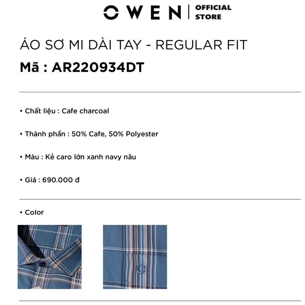 Áo sơ mi dài tay nam OWEN AR220934DT somi công sở vải café cao cấp màu caro lớn xanh navy nâu dáng regular fit có túi