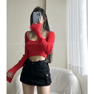 Áo len cổ vuông tay xẻ